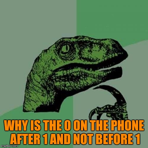 Philosoraptor | WHY IS THE 0 ON THE PHONE AFTER 1 AND NOT BEFORE 1 | image tagged in memes,philosoraptor | made w/ Imgflip meme maker