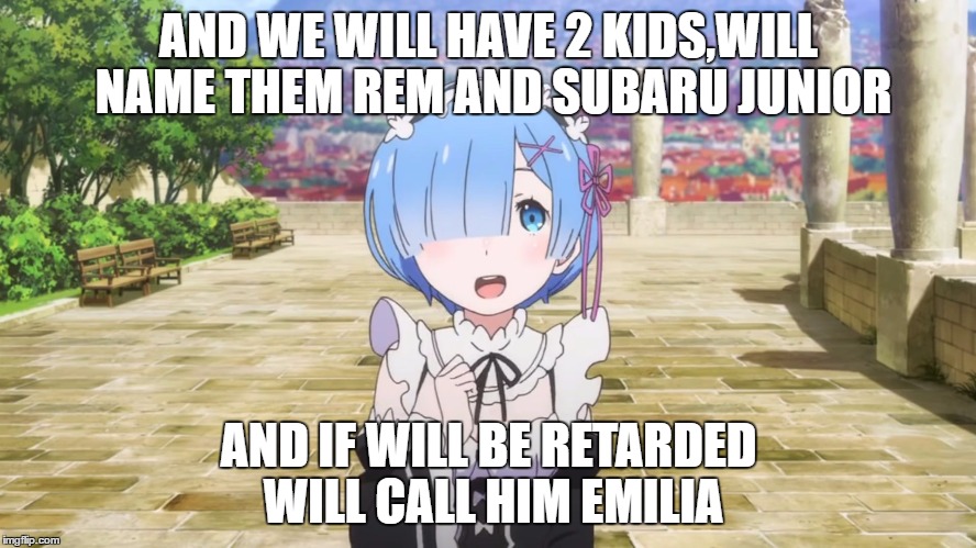 Rem | AND WE WILL HAVE 2 KIDS,WILL NAME THEM REM AND SUBARU JUNIOR; AND IF WILL BE RETARDED WILL CALL HIM EMILIA | image tagged in rem | made w/ Imgflip meme maker