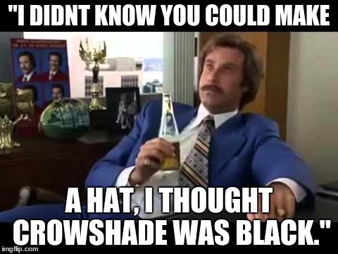 Well That Escalated Quickly | "I DIDNT KNOW YOU COULD MAKE; A HAT, I THOUGHT CROWSHADE WAS BLACK." | image tagged in memes,well that escalated quickly | made w/ Imgflip meme maker