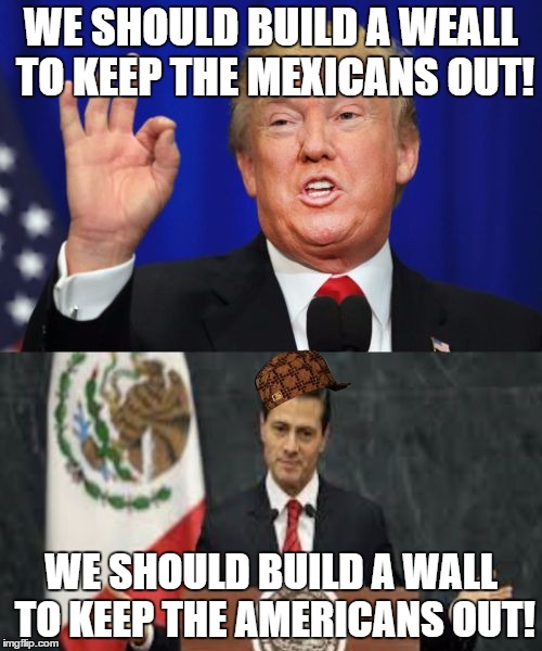 WE SHOULD BUILD A WEALL TO KEEP THE MEXICANS OUT! WE SHOULD BUILD A WALL TO KEEP THE AMERICANS OUT! | image tagged in donald trump approves,donald trump | made w/ Imgflip meme maker