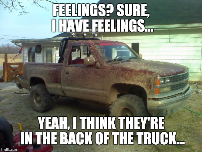 Feelings | FEELINGS? SURE, I HAVE FEELINGS... YEAH, I THINK THEY'RE IN THE BACK OF THE TRUCK... | image tagged in the truck,memes,trucks,feelings,feels,butthurt | made w/ Imgflip meme maker