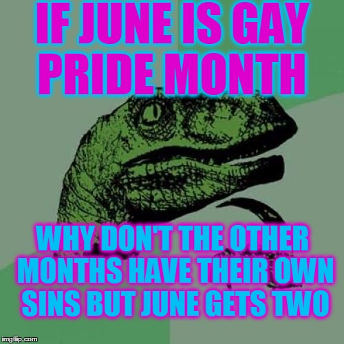 I'm looking forward to adultery month and thieving month | IF JUNE IS GAY PRIDE MONTH; WHY DON'T THE OTHER MONTHS HAVE THEIR OWN SINS BUT JUNE GETS TWO | image tagged in memes,philosoraptor,gay pride | made w/ Imgflip meme maker