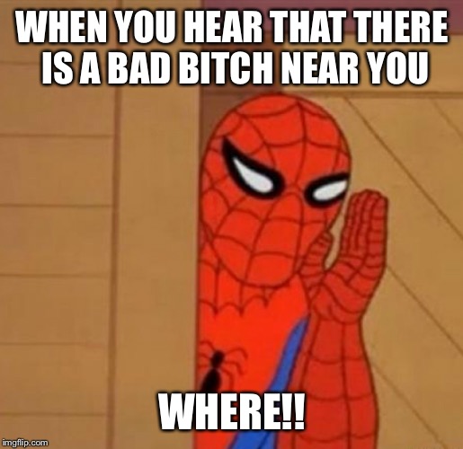 Spider-Man Whisper | WHEN YOU HEAR THAT THERE IS A BAD BITCH NEAR YOU; WHERE!! | image tagged in spider-man whisper | made w/ Imgflip meme maker