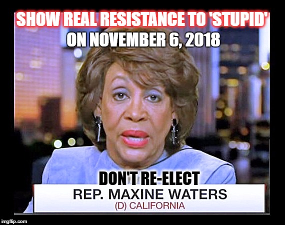 The electorate needs to resist 'stupid' in our Congress. This member stands in the way of progress. Kick her to the curb! |  SHOW REAL RESISTANCE TO 'STUPID'; ON NOVEMBER 6, 2018; DON'T RE-ELECT | image tagged in maxine waters,donald trump approves,election 2018,election 2016 aftermath,liberals vs conservatives,kicked to the curb | made w/ Imgflip meme maker
