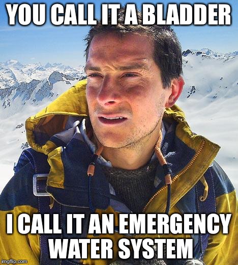 Bear Grylls |  YOU CALL IT A BLADDER; I CALL IT AN EMERGENCY WATER SYSTEM | image tagged in memes,bear grylls | made w/ Imgflip meme maker