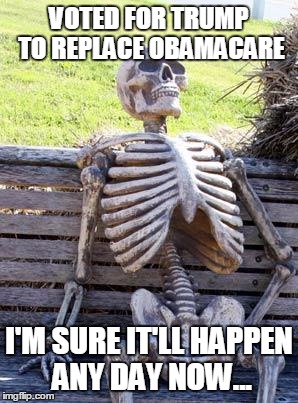 Waiting Skeleton Meme | VOTED FOR TRUMP TO REPLACE OBAMACARE; I'M SURE IT'LL HAPPEN ANY DAY NOW... | image tagged in memes,waiting skeleton | made w/ Imgflip meme maker