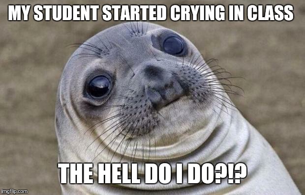 Welp! This just got awkward.... OK, class dismissed!  | MY STUDENT STARTED CRYING IN CLASS; THE HELL DO I DO?!? | image tagged in memes,awkward moment sealion | made w/ Imgflip meme maker