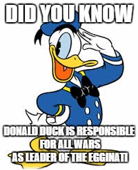 Egginati | DID YOU KNOW; DONALD DUCK IS RESPONSIBLE FOR ALL WARS AS LEADER OF THE EGGINATI | image tagged in donald duck | made w/ Imgflip meme maker