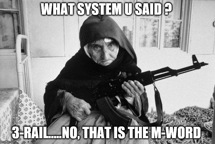 Modeltrains | WHAT SYSTEM U SAID ? 3-RAIL.....NO, THAT IS THE M-WORD | image tagged in go away | made w/ Imgflip meme maker
