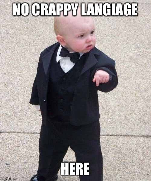 No crappy language | NO CRAPPY LANGIAGE; HERE | image tagged in memes,baby godfather,baby | made w/ Imgflip meme maker