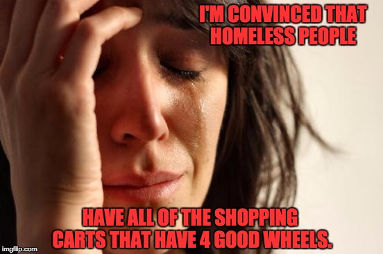First World Problems | I'M CONVINCED THAT HOMELESS PEOPLE; HAVE ALL OF THE SHOPPING CARTS THAT HAVE 4 GOOD WHEELS. | image tagged in memes,first world problems | made w/ Imgflip meme maker