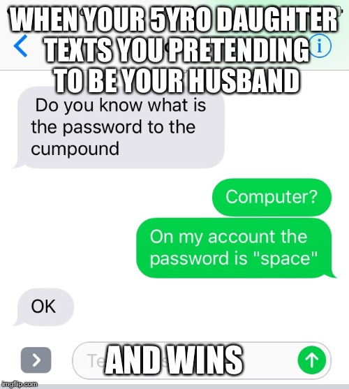 WHEN YOUR 5YRO DAUGHTER TEXTS YOU PRETENDING TO BE YOUR HUSBAND; AND WINS | image tagged in kid win | made w/ Imgflip meme maker