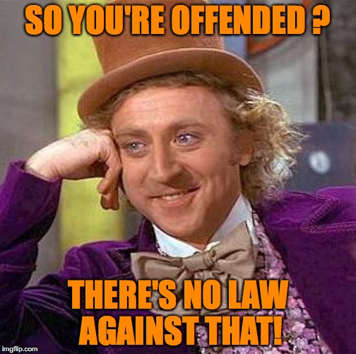 Creepy Condescending Wonka | SO YOU'RE OFFENDED ? THERE'S NO LAW AGAINST THAT! | image tagged in memes,creepy condescending wonka | made w/ Imgflip meme maker
