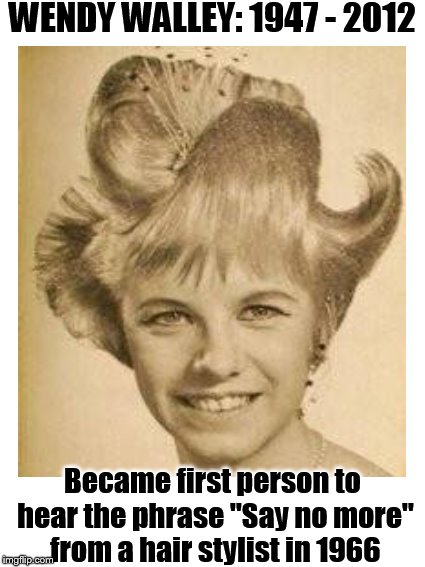 From the meme history pages.... | WENDY WALLEY: 1947 - 2012; Became first person to hear the phrase "Say no more" from a hair stylist in 1966 | image tagged in funny memes,funny haircuts,hairstyle,fashion,bad hair | made w/ Imgflip meme maker