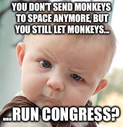 Monkeys In Congress But Not In Space | YOU DON'T SEND MONKEYS TO SPACE ANYMORE, BUT YOU STILL LET MONKEYS... ...RUN CONGRESS? | image tagged in memes,skeptical baby,flying monkeys,congress,nasa hoax,politicians laughing | made w/ Imgflip meme maker