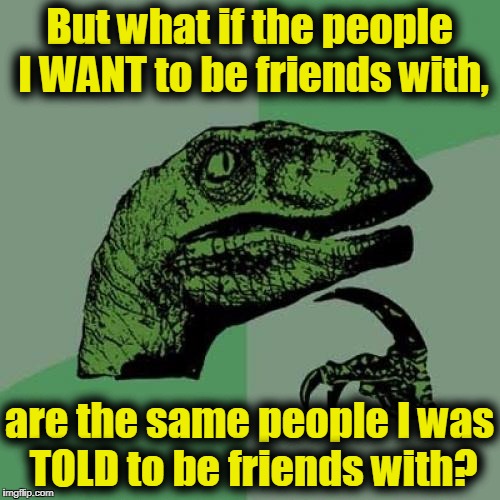 Philosoraptor Meme | But what if the people I WANT to be friends with, are the same people I was TOLD to be friends with? | image tagged in memes,philosoraptor | made w/ Imgflip meme maker