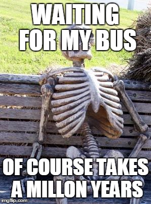 Waiting Skeleton Meme | WAITING FOR MY BUS; OF COURSE TAKES A MILLON YEARS | image tagged in memes,waiting skeleton | made w/ Imgflip meme maker