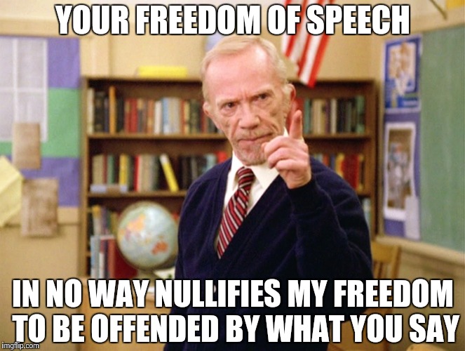 Mister Hand | YOUR FREEDOM OF SPEECH IN NO WAY NULLIFIES MY FREEDOM TO BE OFFENDED BY WHAT YOU SAY | image tagged in mister hand | made w/ Imgflip meme maker