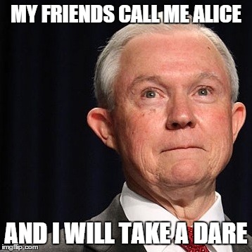 alt-good Jeff Sessions | MY FRIENDS CALL ME ALICE; AND I WILL TAKE A DARE | image tagged in alt-good jeff sessions | made w/ Imgflip meme maker