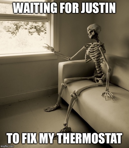 Lonely Skeleton | WAITING FOR JUSTIN; TO FIX MY THERMOSTAT | image tagged in lonely skeleton | made w/ Imgflip meme maker