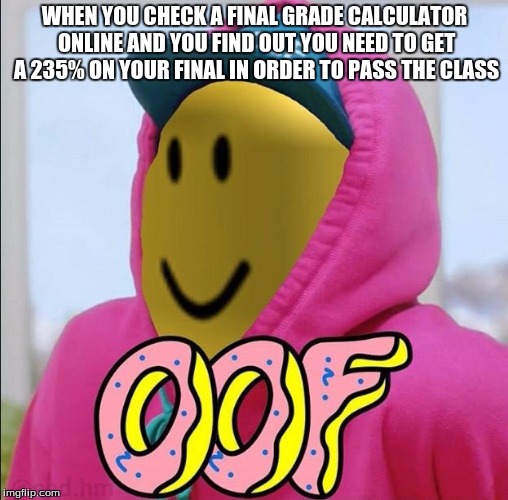 WHEN YOU CHECK A FINAL GRADE CALCULATOR ONLINE AND YOU FIND OUT YOU NEED TO GET A 235% ON YOUR FINAL IN ORDER TO PASS THE CLASS | image tagged in roblox ooof | made w/ Imgflip meme maker