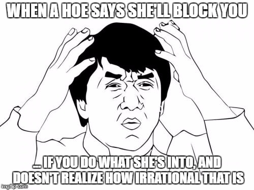 Jackie Chan WTF Meme | WHEN A HOE SAYS SHE'LL BLOCK YOU; ... IF YOU DO WHAT SHE'S INTO, AND DOESN'T REALIZE HOW IRRATIONAL THAT IS | image tagged in memes,jackie chan wtf | made w/ Imgflip meme maker