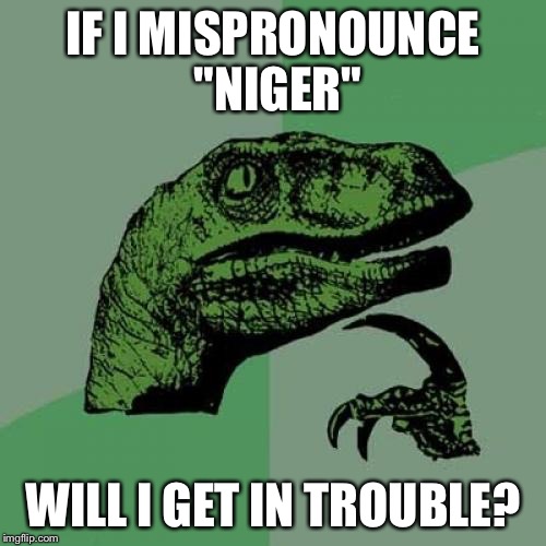 Philosoraptor Meme | IF I MISPRONOUNCE "NIGER"; WILL I GET IN TROUBLE? | image tagged in memes,philosoraptor | made w/ Imgflip meme maker