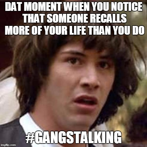 Conspiracy Keanu | DAT MOMENT WHEN YOU NOTICE THAT SOMEONE RECALLS MORE OF YOUR LIFE THAN YOU DO; #GANGSTALKING | image tagged in memes,conspiracy keanu | made w/ Imgflip meme maker