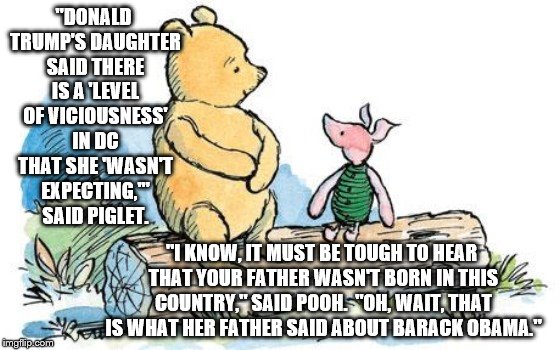 winnie the pooh and piglet | "DONALD TRUMP'S DAUGHTER SAID THERE IS A 'LEVEL OF VICIOUSNESS' IN DC THAT SHE 'WASN'T EXPECTING,'" SAID PIGLET. "I KNOW, IT MUST BE TOUGH TO HEAR THAT YOUR FATHER WASN'T BORN IN THIS COUNTRY," SAID POOH.  "OH, WAIT, THAT IS WHAT HER FATHER SAID ABOUT BARACK OBAMA." | image tagged in winnie the pooh and piglet | made w/ Imgflip meme maker