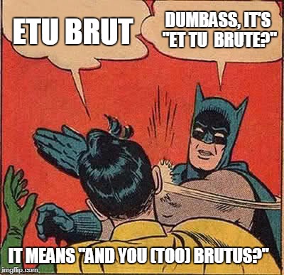 Batman Slapping Robin Meme | ETU BRUT DUMBASS, IT'S "ET TU  BRUTE?" IT MEANS "AND YOU (TOO) BRUTUS?" | image tagged in memes,batman slapping robin | made w/ Imgflip meme maker
