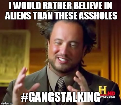 Ancient Aliens | I WOULD RATHER BELIEVE IN ALIENS THAN THESE ASSHOLES; #GANGSTALKING | image tagged in memes,ancient aliens | made w/ Imgflip meme maker