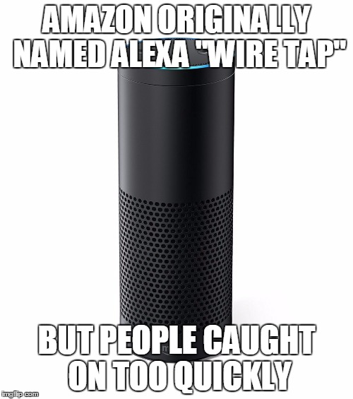 Amazon Echo | AMAZON ORIGINALLY NAMED ALEXA "WIRE TAP"; BUT PEOPLE CAUGHT ON TOO QUICKLY | image tagged in amazon echo | made w/ Imgflip meme maker