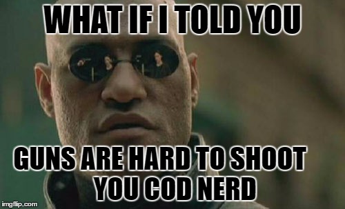 Matrix Morpheus Meme | WHAT IF I TOLD YOU; GUNS ARE HARD TO SHOOT




 YOU COD NERD | image tagged in memes,matrix morpheus | made w/ Imgflip meme maker