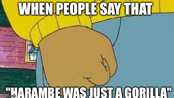 Arthur Fist | WHEN PEOPLE SAY THAT; "HARAMBE WAS JUST A GORILLA" | image tagged in memes,arthur fist | made w/ Imgflip meme maker