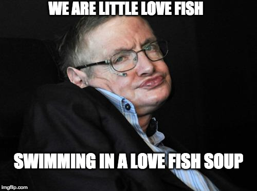Scientific dogma | WE ARE LITTLE LOVE FISH; SWIMMING IN A LOVE FISH SOUP | image tagged in stephen hawking duck face | made w/ Imgflip meme maker