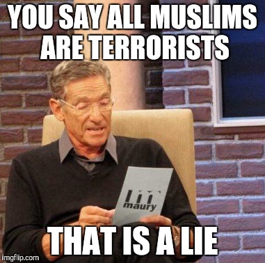 Maury Lie Detector | YOU SAY ALL MUSLIMS ARE TERRORISTS; THAT IS A LIE | image tagged in memes,maury lie detector | made w/ Imgflip meme maker