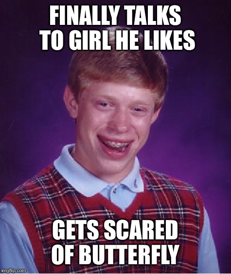 Bad Luck Brian | FINALLY TALKS TO GIRL HE LIKES; GETS SCARED OF BUTTERFLY | image tagged in memes,bad luck brian | made w/ Imgflip meme maker