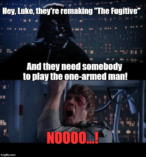 Star Wars No Meme | Hey, Luke, they're remaking "The Fugitive"; And they need somebody to play the one-armed man! NOOOO...! | image tagged in memes,star wars no | made w/ Imgflip meme maker