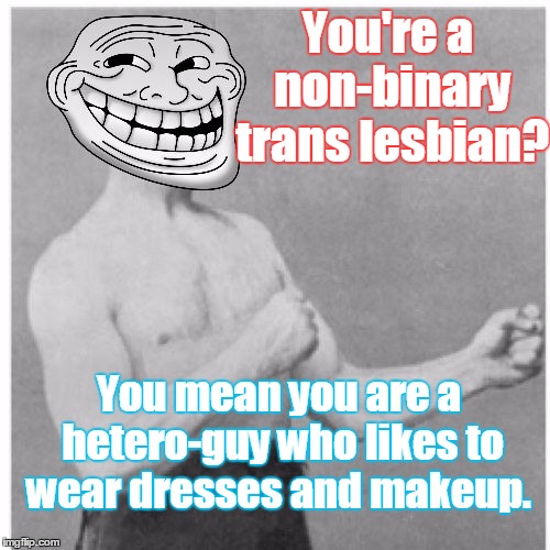 You're a WHAT?  | You're a non-binary trans lesbian? You mean you are a hetero-guy who likes to wear dresses and makeup. | image tagged in overly trolly troll,trans,lesbian,gender confusion,memes | made w/ Imgflip meme maker