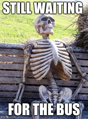Waiting Skeleton Meme | STILL WAITING; FOR THE BUS | image tagged in memes,waiting skeleton | made w/ Imgflip meme maker