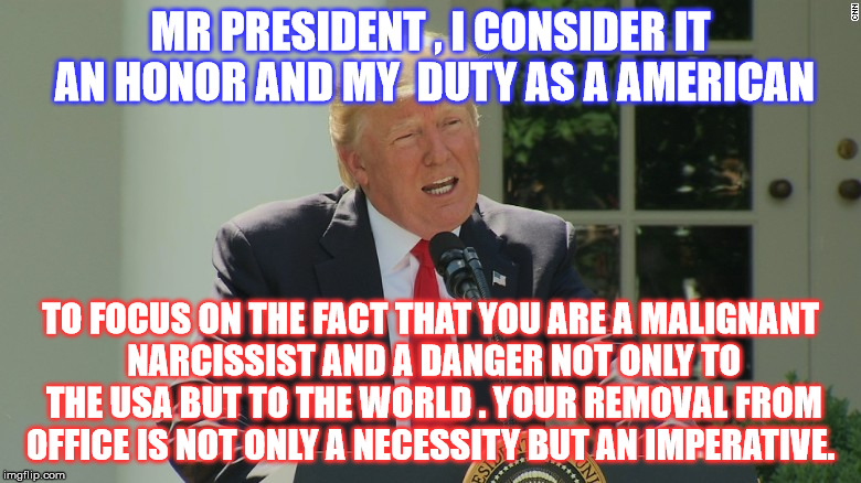 Kiss his ring?  Kiss my A$$! | MR PRESIDENT , I CONSIDER IT AN HONOR AND MY  DUTY AS A AMERICAN; TO FOCUS ON THE FACT THAT YOU ARE A MALIGNANT NARCISSIST AND A DANGER NOT ONLY TO THE USA BUT TO THE WORLD . YOUR REMOVAL FROM OFFICE IS NOT ONLY A NECESSITY BUT AN IMPERATIVE. | image tagged in donald trump | made w/ Imgflip meme maker