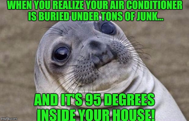 Awkward Moment Sealion Meme | WHEN YOU REALIZE YOUR AIR CONDITIONER IS BURIED UNDER TONS OF JUNK... AND IT'S 95 DEGREES INSIDE YOUR HOUSE! | image tagged in memes,awkward moment sealion | made w/ Imgflip meme maker