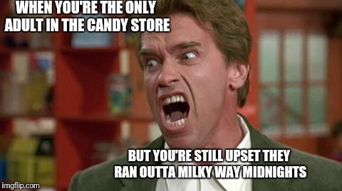 arnie shut up | WHEN YOU'RE THE ONLY ADULT IN THE CANDY STORE; BUT YOU'RE STILL UPSET THEY RAN OUTTA MILKY WAY MIDNIGHTS | image tagged in arnie shut up | made w/ Imgflip meme maker