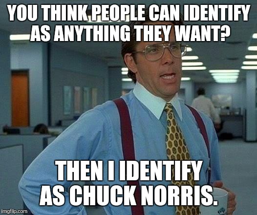 That Would Be Great | YOU THINK PEOPLE CAN IDENTIFY AS ANYTHING THEY WANT? THEN I IDENTIFY AS CHUCK NORRIS. | image tagged in memes,that would be great | made w/ Imgflip meme maker