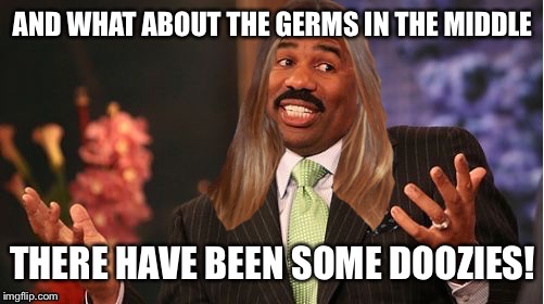 stevie harvey | AND WHAT ABOUT THE GERMS IN THE MIDDLE THERE HAVE BEEN SOME DOOZIES! | image tagged in stevie harvey | made w/ Imgflip meme maker