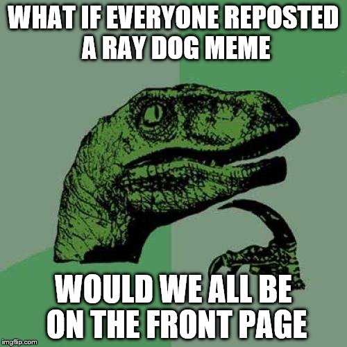 Philosoraptor Meme | WHAT IF EVERYONE REPOSTED A RAY DOG MEME; WOULD WE ALL BE ON THE FRONT PAGE | image tagged in memes,philosoraptor | made w/ Imgflip meme maker