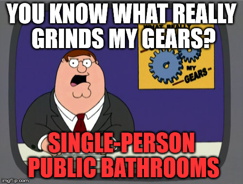 Peter Griffin News Meme | YOU KNOW WHAT REALLY GRINDS MY GEARS? SINGLE-PERSON PUBLIC BATHROOMS | image tagged in memes,peter griffin news | made w/ Imgflip meme maker