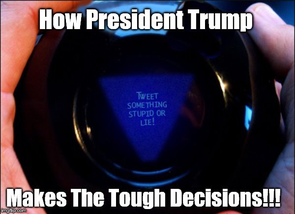 Trump's Decision making skills. | How President Trump; Makes The Tough Decisions!!! | image tagged in magic 8 ball,donald trump,decisions | made w/ Imgflip meme maker