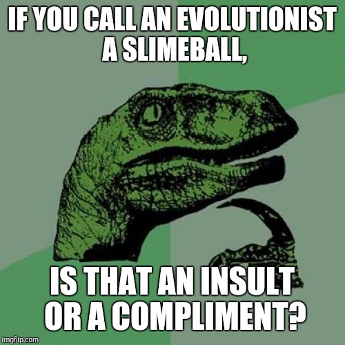 Philosoraptor Meme | IF YOU CALL AN EVOLUTIONIST A SLIMEBALL, IS THAT AN INSULT OR A COMPLIMENT? | image tagged in memes,philosoraptor | made w/ Imgflip meme maker
