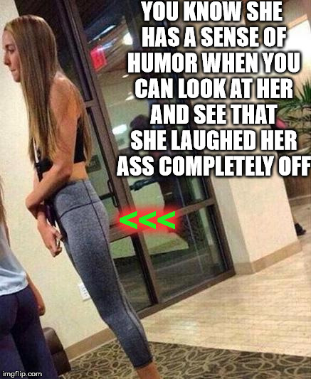 YOU KNOW SHE HAS A SENSE OF HUMOR WHEN YOU CAN LOOK AT HER AND SEE THAT SHE LAUGHED HER ASS COMPLETELY OFF <<< | made w/ Imgflip meme maker